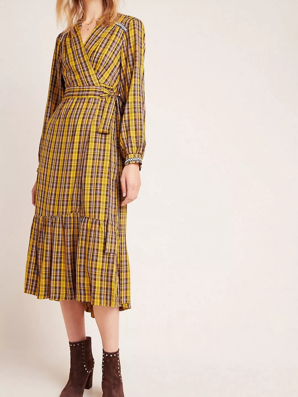 Anthropologie Mustard Brown Plaid Wrap Dress MP Petite Boho Cottagecore